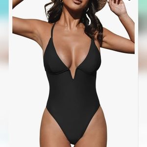 One Piece Bathing Suit Deep V Neck Crisscross Back Adjustable Straps black Sz M